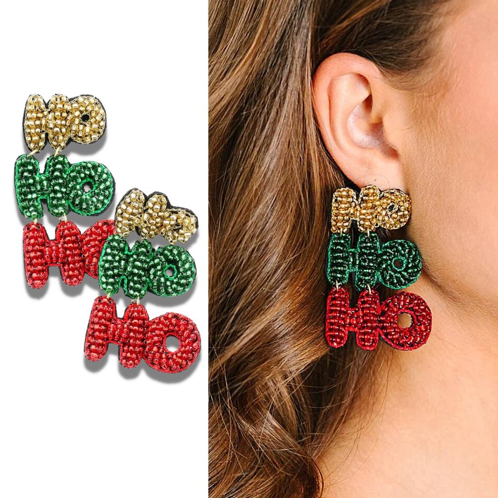 HO HO HO Holiday Beaded Christmas Santa Theme Earrings NEW